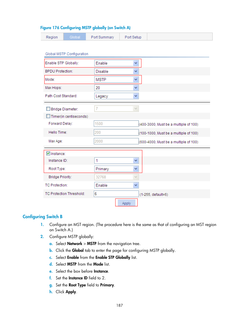 Configuring switch b | H3C Technologies H3C WX5500E Series Access Controllers User Manual | Page 197 / 254