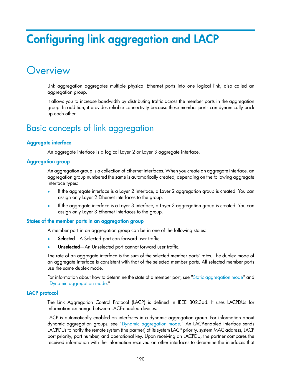 Configuring link aggregation and lacp, Overview, Basic concepts of link aggregation | Aggregate interface, Aggregation group, States of the member ports in an aggregation group, Lacp protocol | H3C Technologies H3C WX5500E Series Access Controllers User Manual | Page 200 / 254