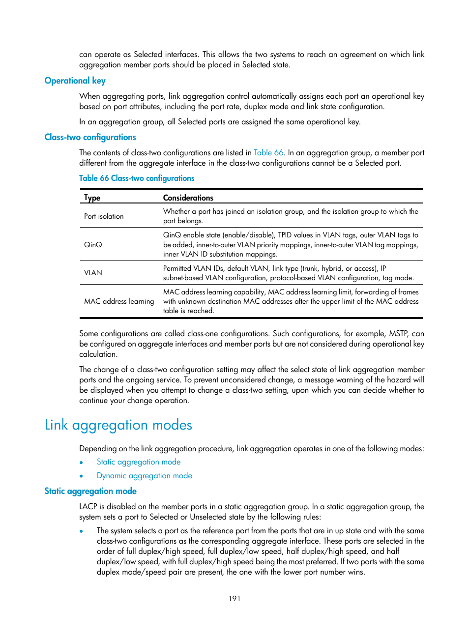 Operational key, Class-two configurations, Link aggregation modes | Static aggregation mode | H3C Technologies H3C WX5500E Series Access Controllers User Manual | Page 201 / 254