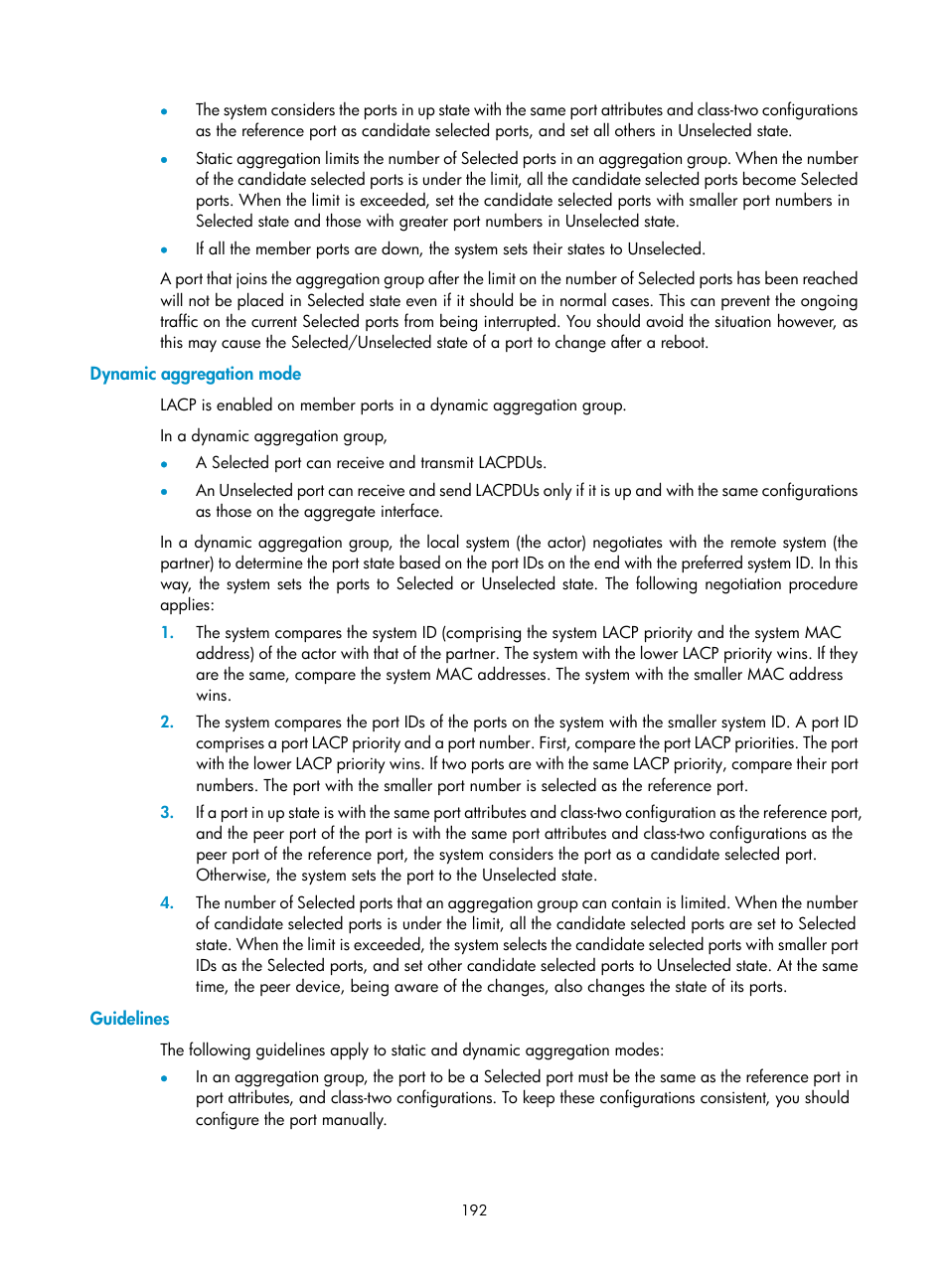 Dynamic aggregation mode, Guidelines | H3C Technologies H3C WX5500E Series Access Controllers User Manual | Page 202 / 254