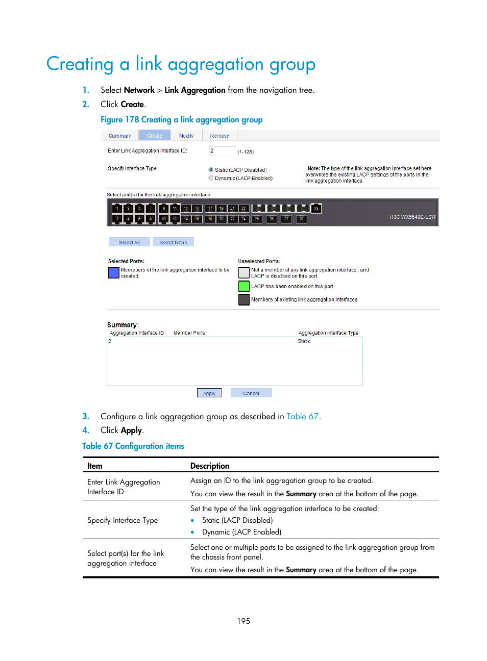 Creating a link aggregation group, Creating a link, Aggregation group | H3C Technologies H3C WX5500E Series Access Controllers User Manual | Page 205 / 254