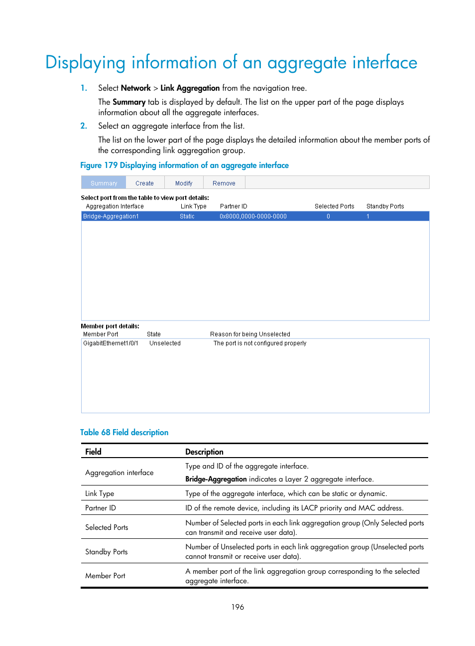 Displaying information of an aggregate interface, Displaying information of an aggregate, Interface | Displaying, Information of an, Aggregate interface | H3C Technologies H3C WX5500E Series Access Controllers User Manual | Page 206 / 254