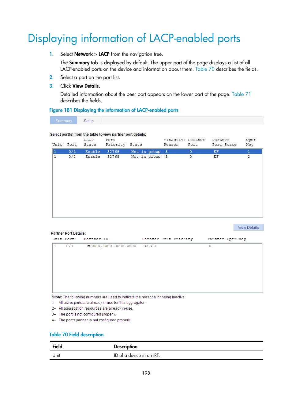 Displaying information of lacp-enabled ports, Displaying, Information of | Lacp-enabled ports | H3C Technologies H3C WX5500E Series Access Controllers User Manual | Page 208 / 254