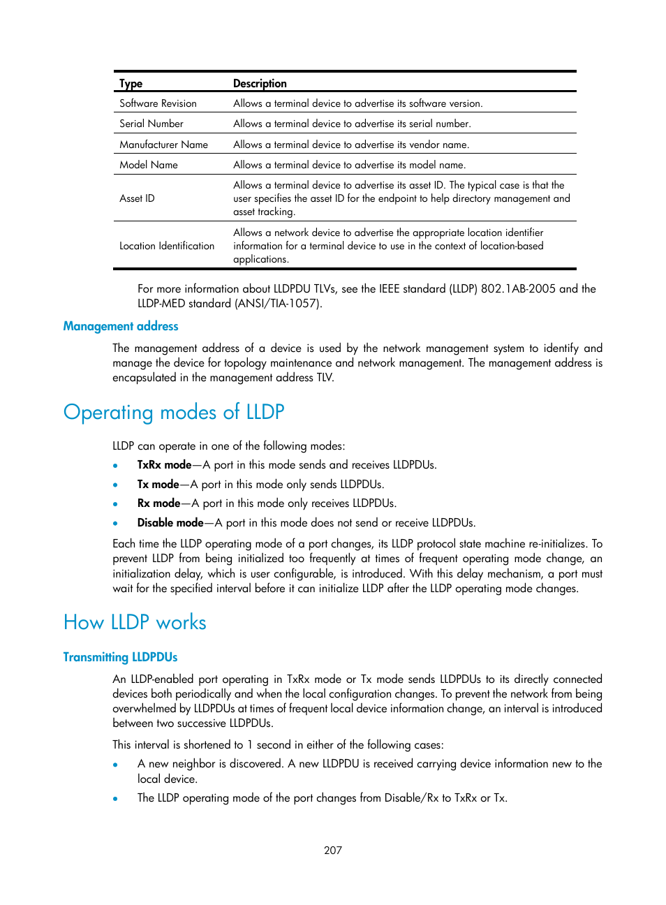 Management address, Operating modes of lldp, How lldp works | Transmitting lldpdus | H3C Technologies H3C WX5500E Series Access Controllers User Manual | Page 217 / 254