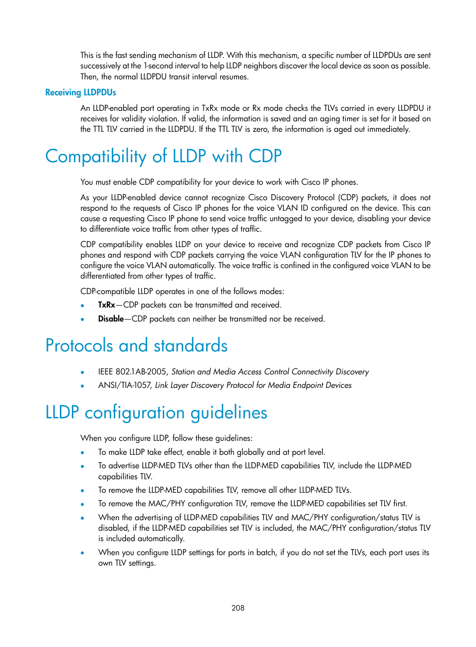 Receiving lldpdus, Compatibility of lldp with cdp, Protocols and standards | Lldp configuration guidelines | H3C Technologies H3C WX5500E Series Access Controllers User Manual | Page 218 / 254