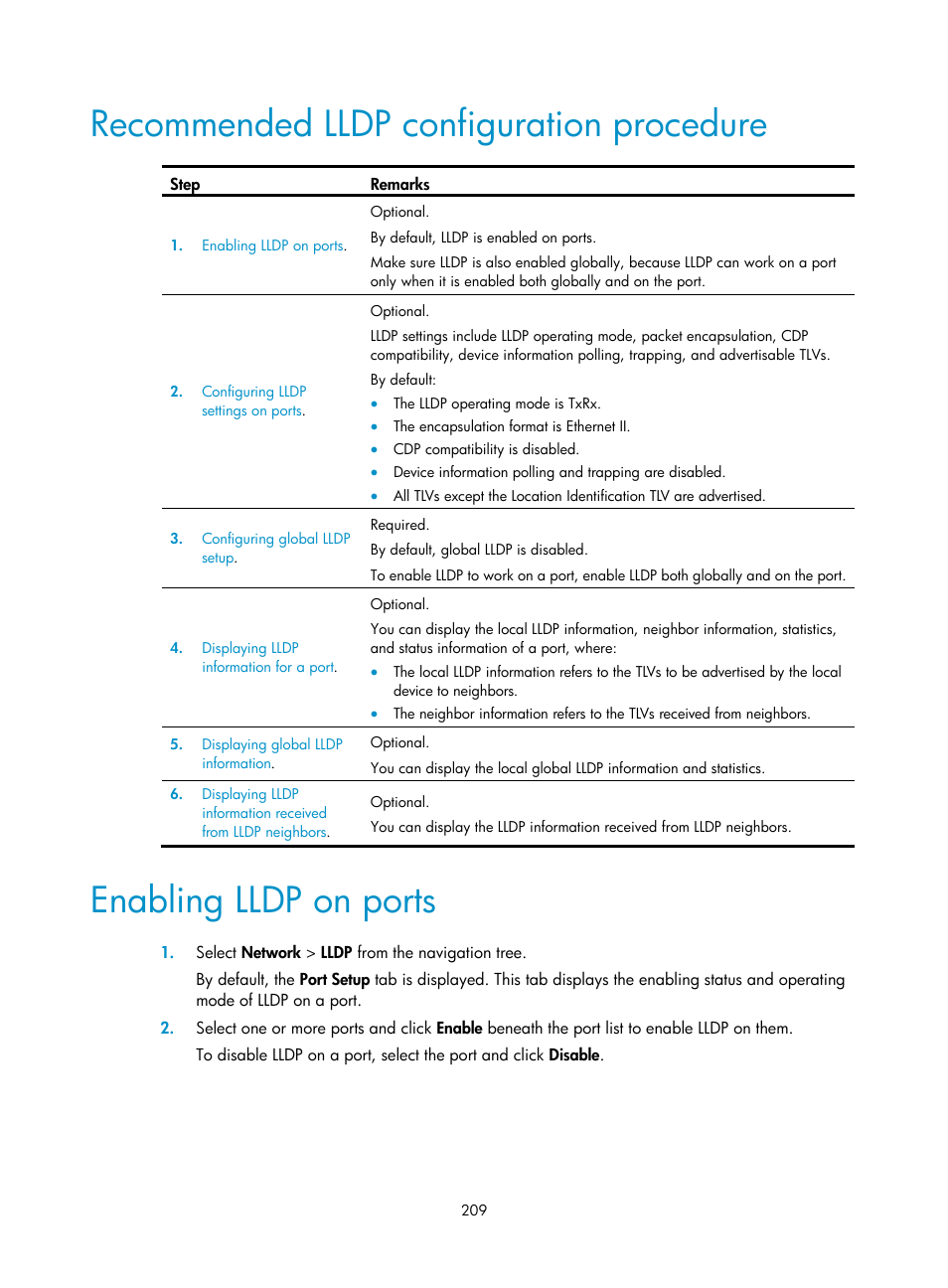 Recommended lldp configuration procedure, Enabling lldp on ports | H3C Technologies H3C WX5500E Series Access Controllers User Manual | Page 219 / 254