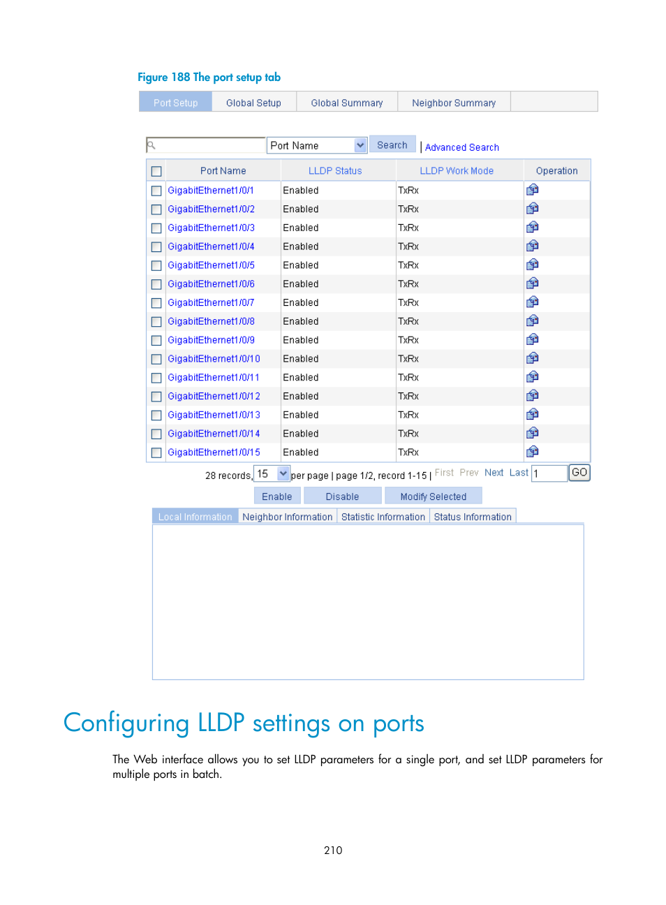 Configuring lldp settings on ports, Configuring lldp, Settings on ports | H3C Technologies H3C WX5500E Series Access Controllers User Manual | Page 220 / 254