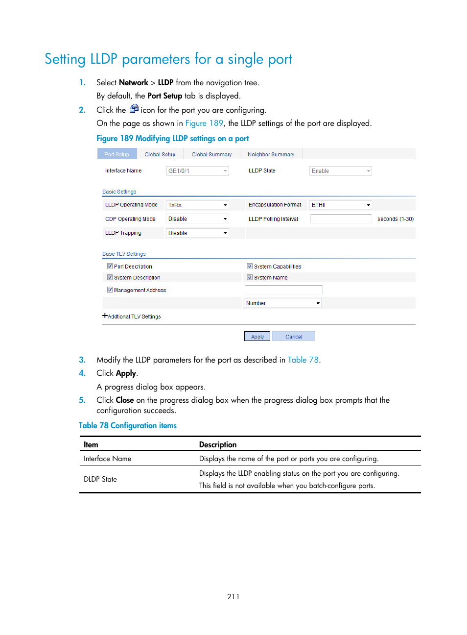 Setting lldp parameters for a single port | H3C Technologies H3C WX5500E Series Access Controllers User Manual | Page 221 / 254