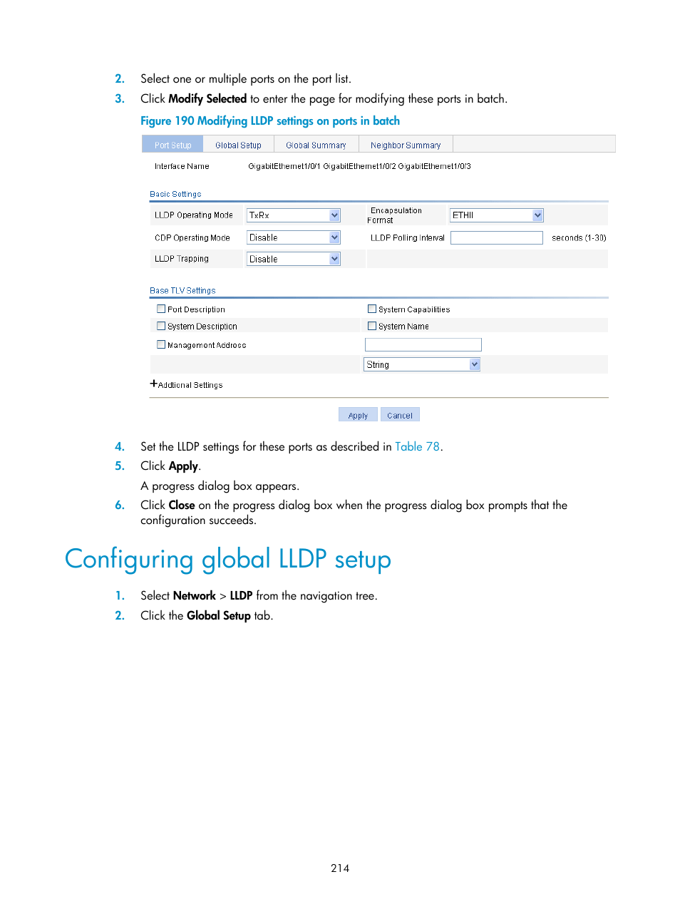 Configuring global lldp setup, Configuring global lldp, Setup | H3C Technologies H3C WX5500E Series Access Controllers User Manual | Page 224 / 254