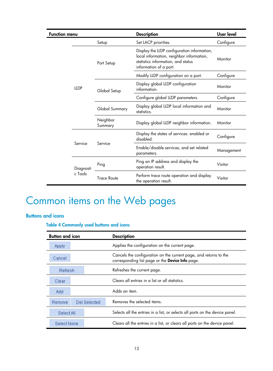 Buttons and icons, Common items on the web pages | H3C Technologies H3C WX5500E Series Access Controllers User Manual | Page 23 / 254