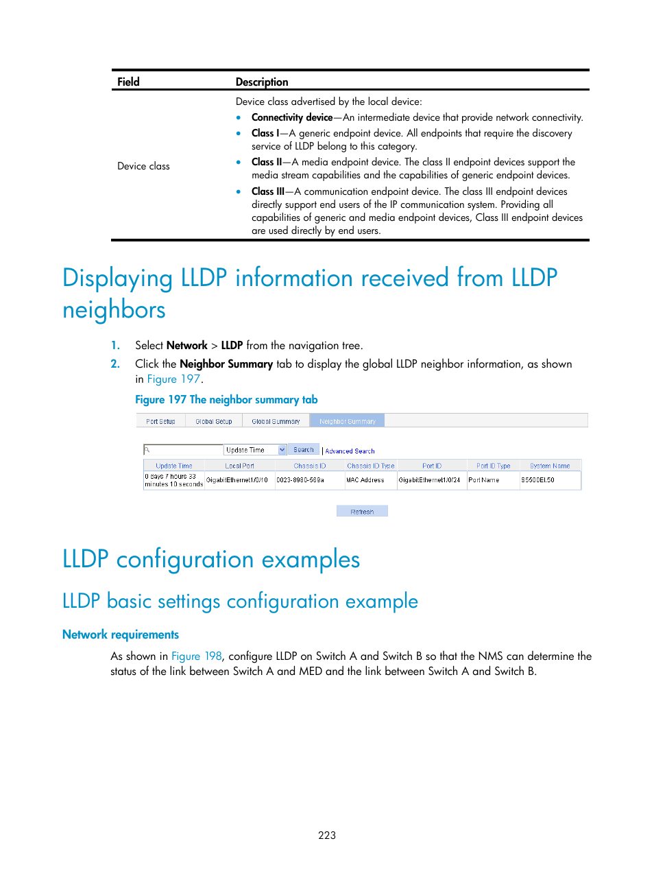 Lldp configuration examples, Lldp basic settings configuration example, Network requirements | Displaying lldp, Information received from lldp neighbors | H3C Technologies H3C WX5500E Series Access Controllers User Manual | Page 233 / 254