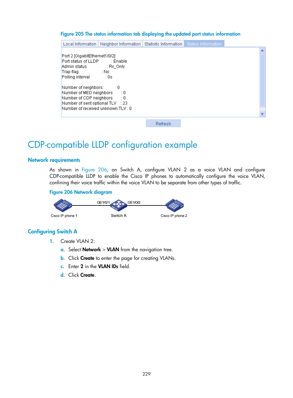 Cdp-compatible lldp configuration example, Network requirements, Configuring switch a | H3C Technologies H3C WX5500E Series Access Controllers User Manual | Page 239 / 254