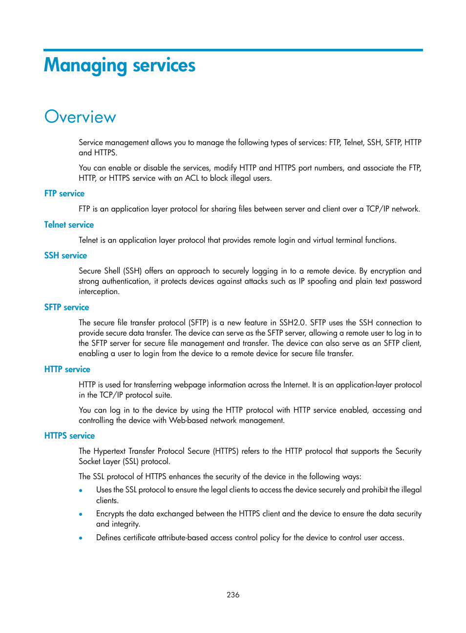 Managing services, Overview, Ftp service | Telnet service, Ssh service, Sftp service, Http service, Https service | H3C Technologies H3C WX5500E Series Access Controllers User Manual | Page 246 / 254