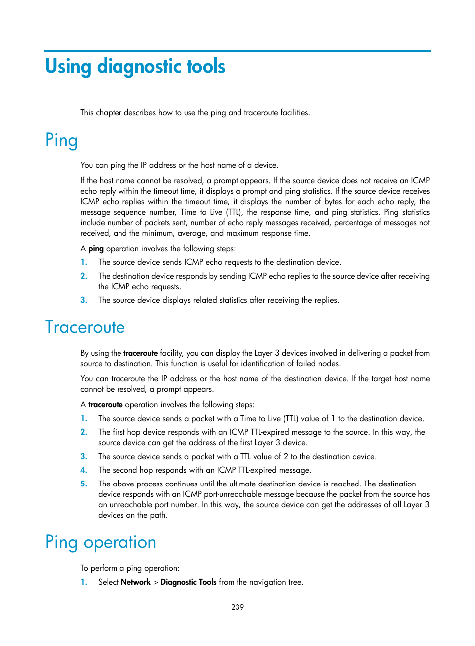 Using diagnostic tools, Ping, Traceroute | Ping operation | H3C Technologies H3C WX5500E Series Access Controllers User Manual | Page 249 / 254