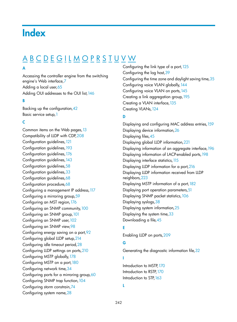 Index | H3C Technologies H3C WX5500E Series Access Controllers User Manual | Page 252 / 254