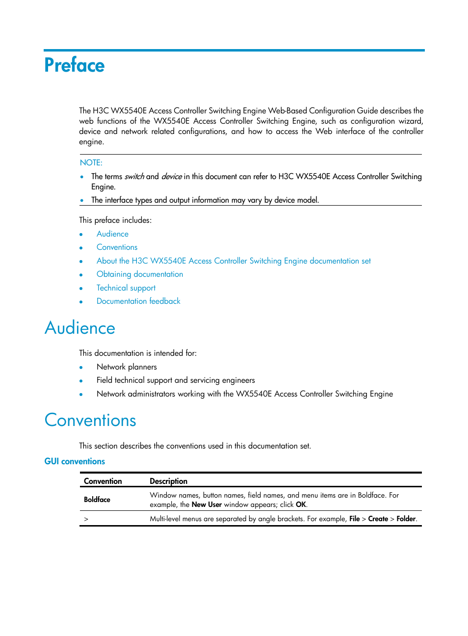 Preface, Audience, Conventions | Gui conventions | H3C Technologies H3C WX5500E Series Access Controllers User Manual | Page 3 / 254