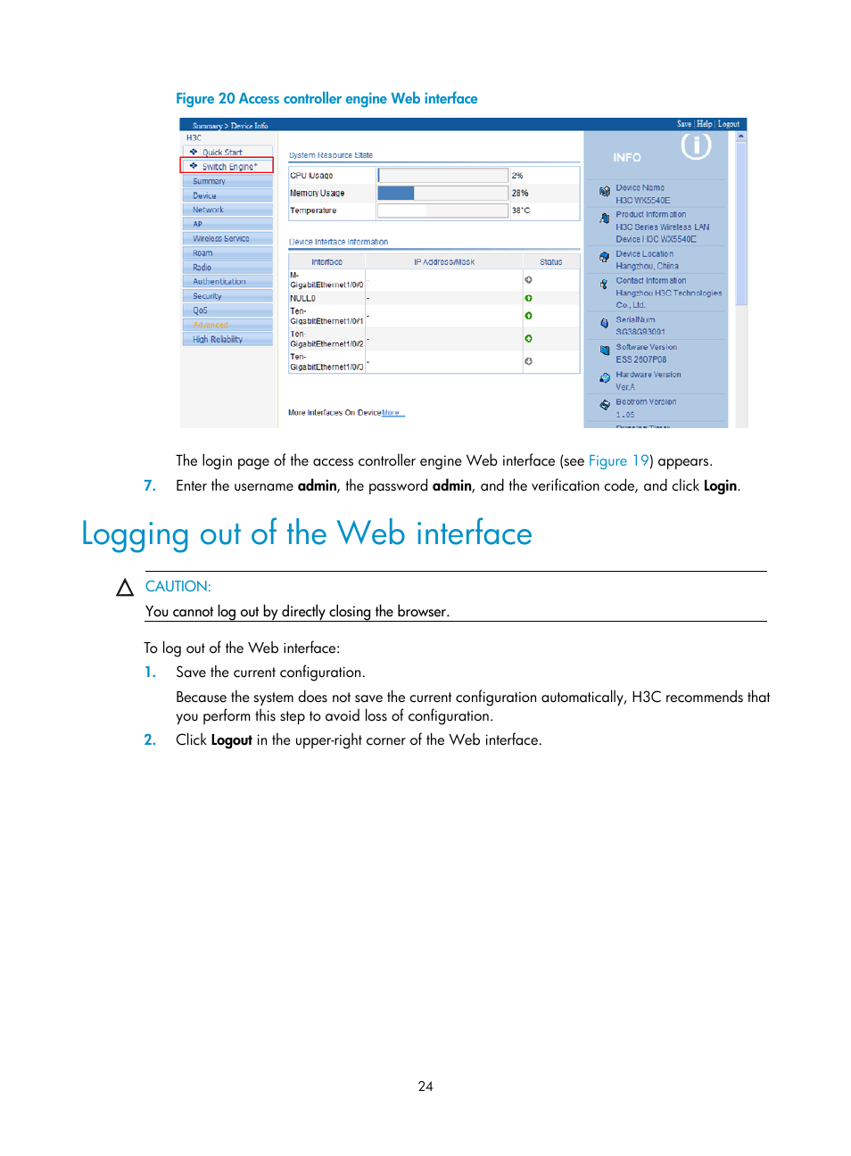 Logging out of the web interface, N in, Figure 20 | H3C Technologies H3C WX5500E Series Access Controllers User Manual | Page 34 / 254