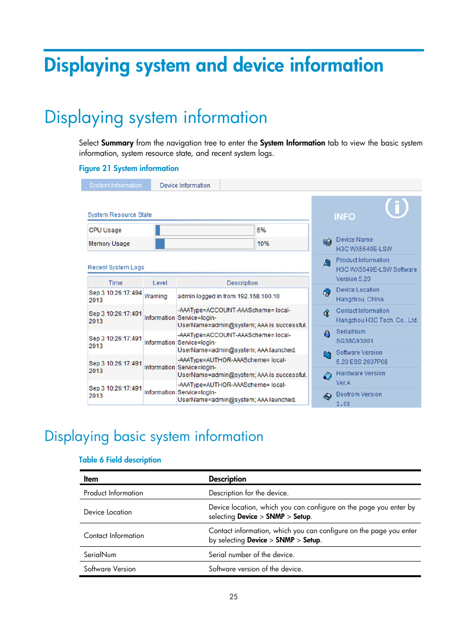 Displaying system and device information, Displaying system information, Displaying basic system information | H3C Technologies H3C WX5500E Series Access Controllers User Manual | Page 35 / 254