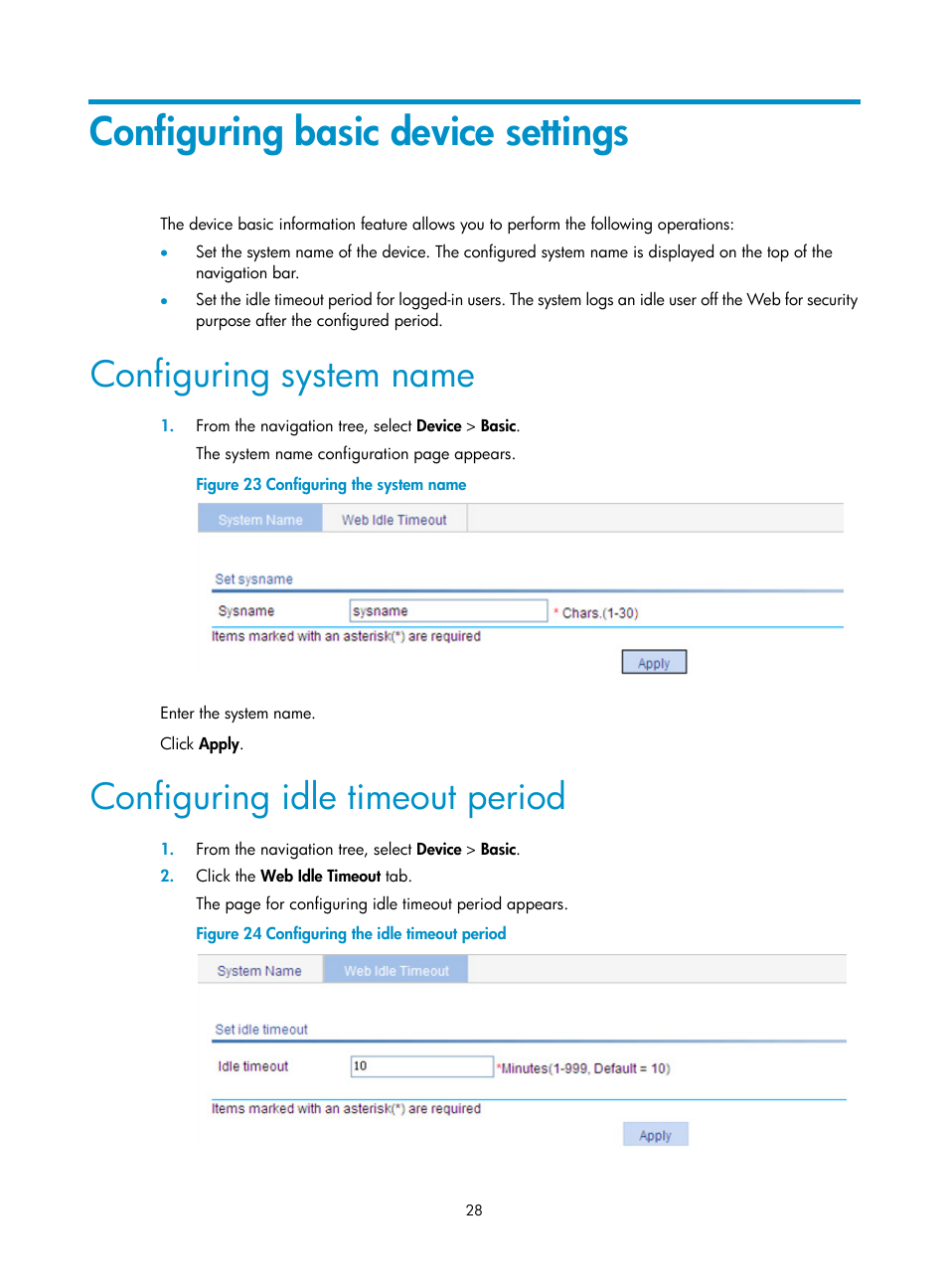 Configuring basic device settings, Configuring system name, Configuring idle timeout period | H3C Technologies H3C WX5500E Series Access Controllers User Manual | Page 38 / 254
