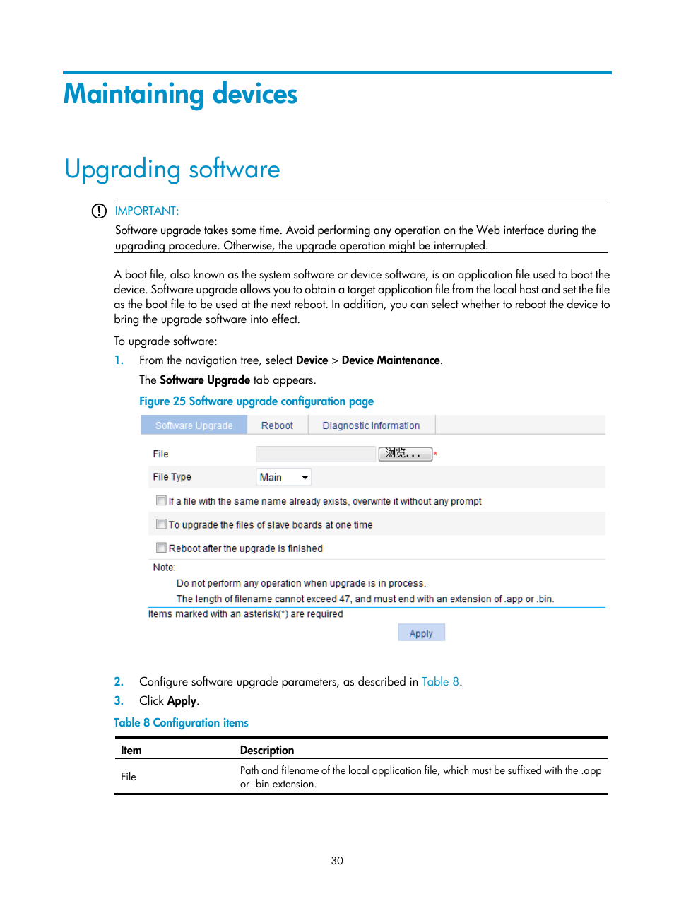 Maintaining devices, Upgrading software | H3C Technologies H3C WX5500E Series Access Controllers User Manual | Page 40 / 254