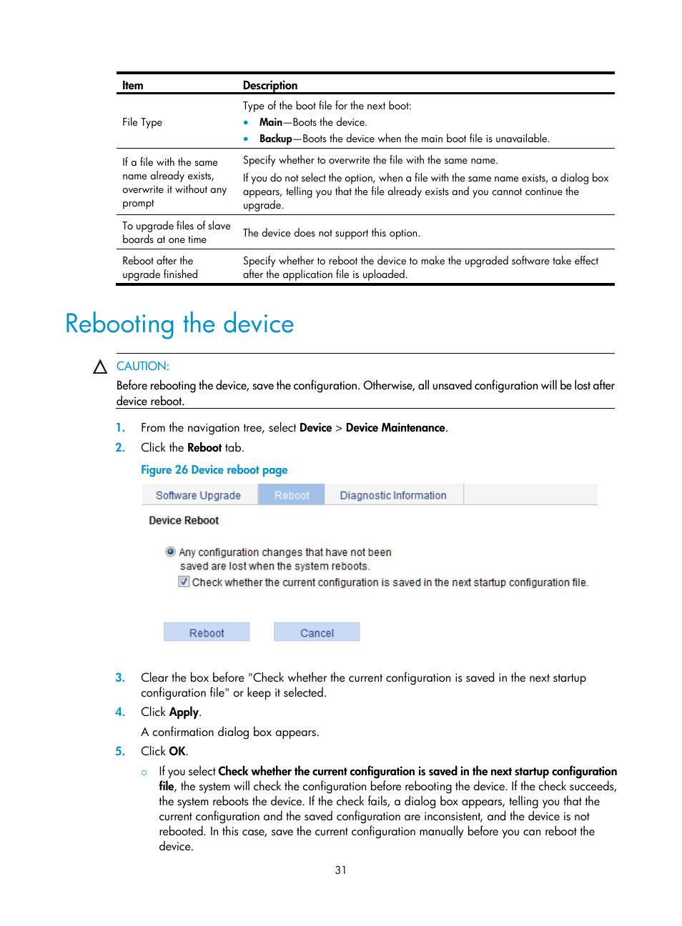 Rebooting the device | H3C Technologies H3C WX5500E Series Access Controllers User Manual | Page 41 / 254