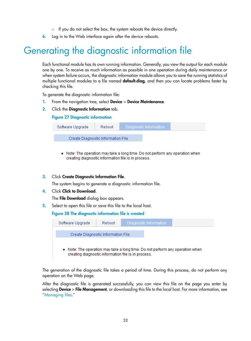 Generating the diagnostic information file | H3C Technologies H3C WX5500E Series Access Controllers User Manual | Page 42 / 254