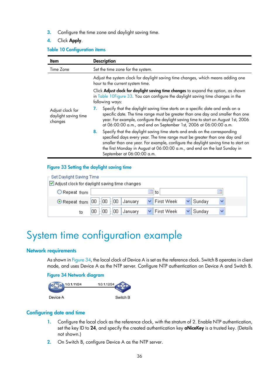 System time configuration example, Network requirements, Configuring date and time | H3C Technologies H3C WX5500E Series Access Controllers User Manual | Page 46 / 254