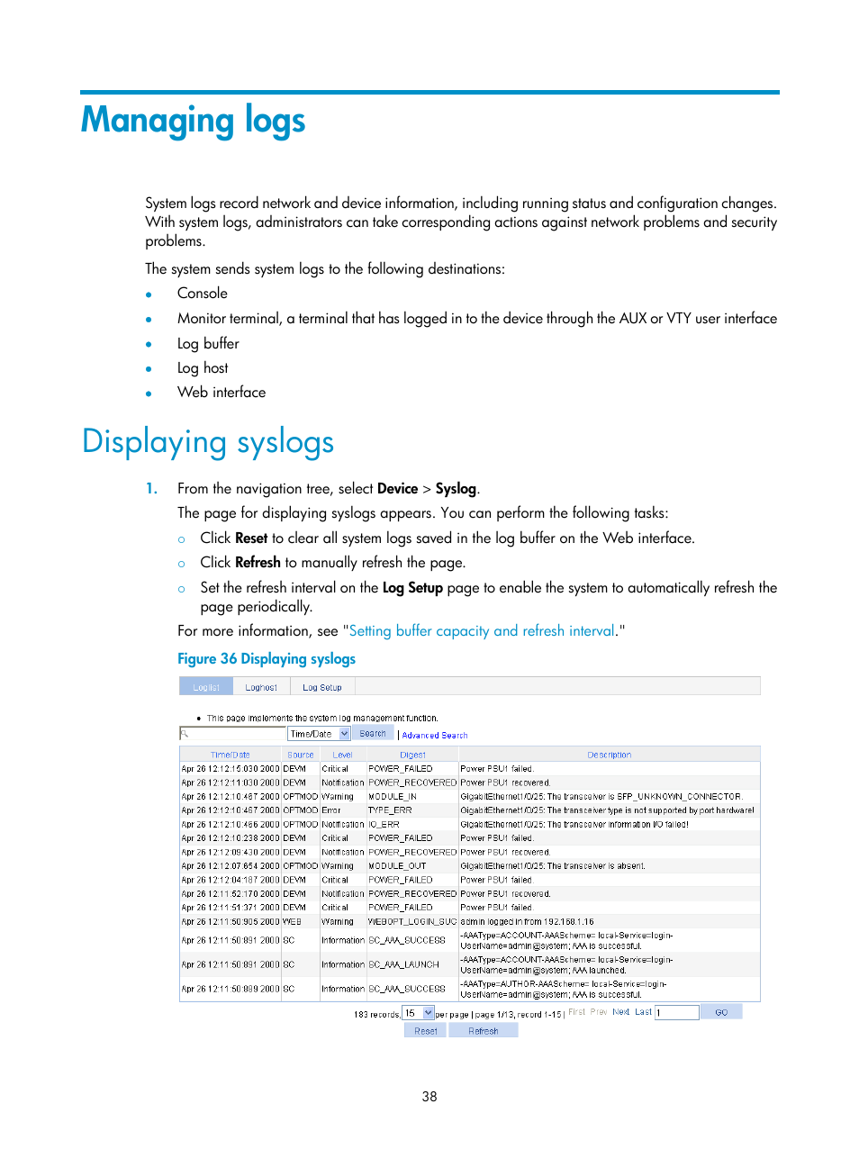 Managing logs, Displaying syslogs | H3C Technologies H3C WX5500E Series Access Controllers User Manual | Page 48 / 254