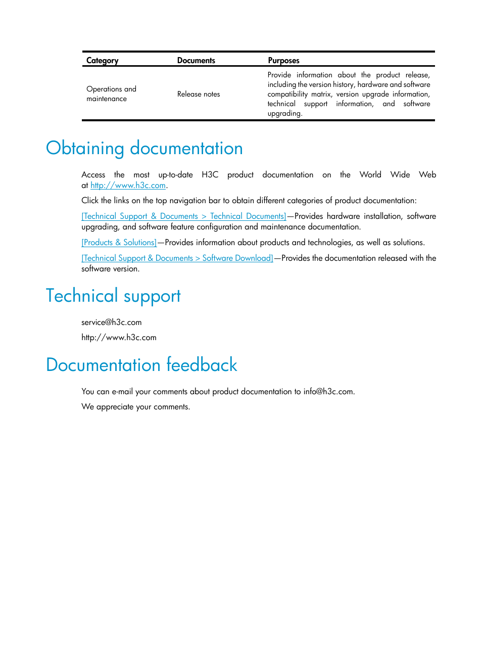 Obtaining documentation, Technical support, Documentation feedback | H3C Technologies H3C WX5500E Series Access Controllers User Manual | Page 5 / 254