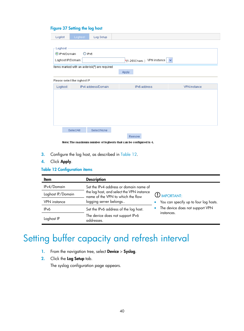 Setting buffer capacity and refresh interval | H3C Technologies H3C WX5500E Series Access Controllers User Manual | Page 50 / 254