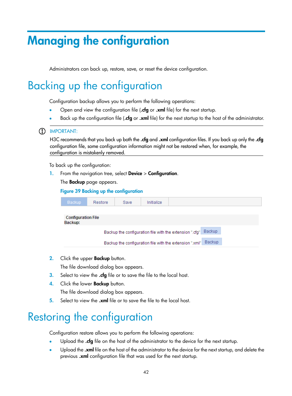 Managing the configuration, Backing up the configuration, Restoring the configuration | H3C Technologies H3C WX5500E Series Access Controllers User Manual | Page 52 / 254