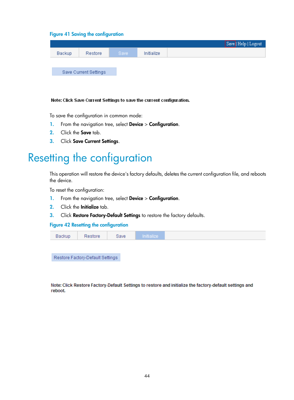 Resetting the configuration | H3C Technologies H3C WX5500E Series Access Controllers User Manual | Page 54 / 254