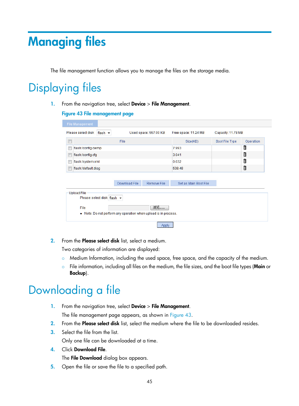 Managing files, Displaying files, Downloading a file | H3C Technologies H3C WX5500E Series Access Controllers User Manual | Page 55 / 254