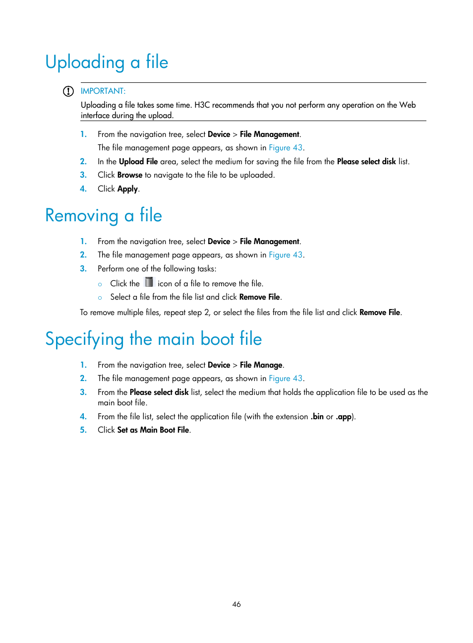 Uploading a file, Removing a file, Specifying the main boot file | H3C Technologies H3C WX5500E Series Access Controllers User Manual | Page 56 / 254