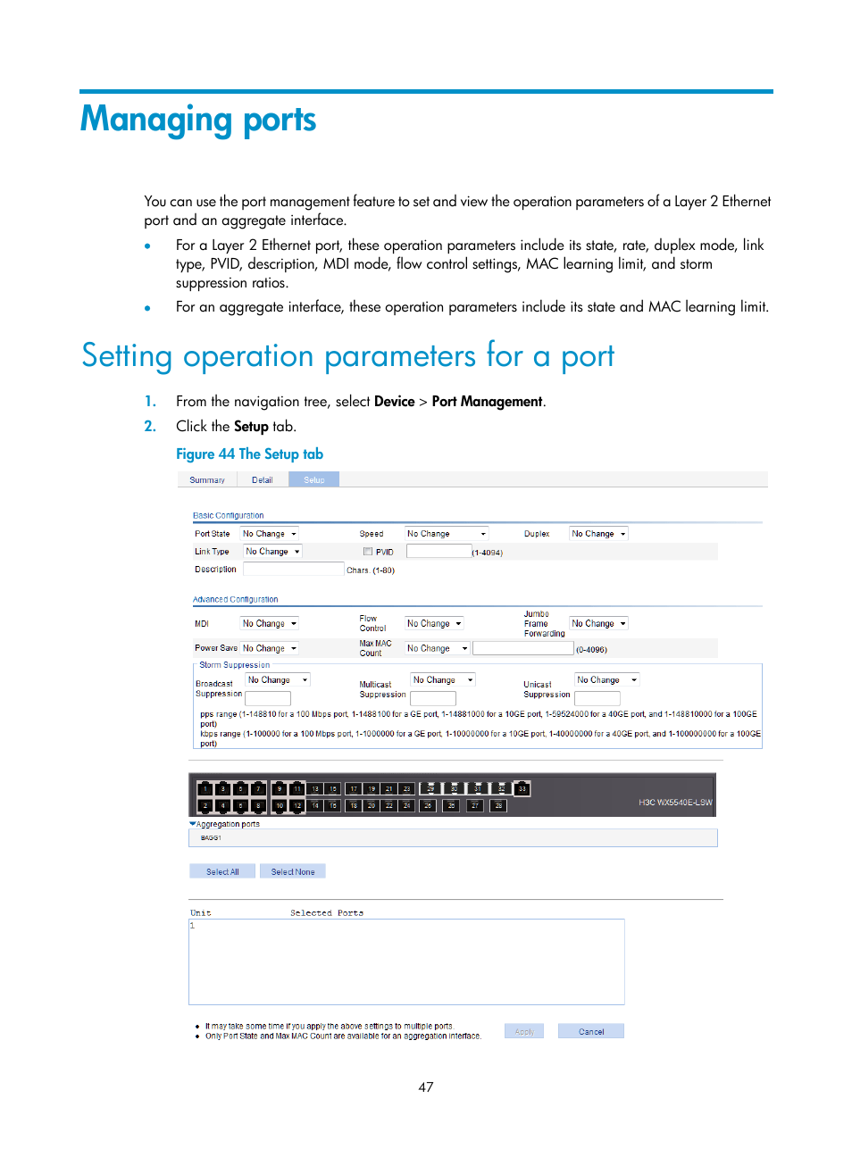 Managing ports, Setting operation parameters for a port | H3C Technologies H3C WX5500E Series Access Controllers User Manual | Page 57 / 254