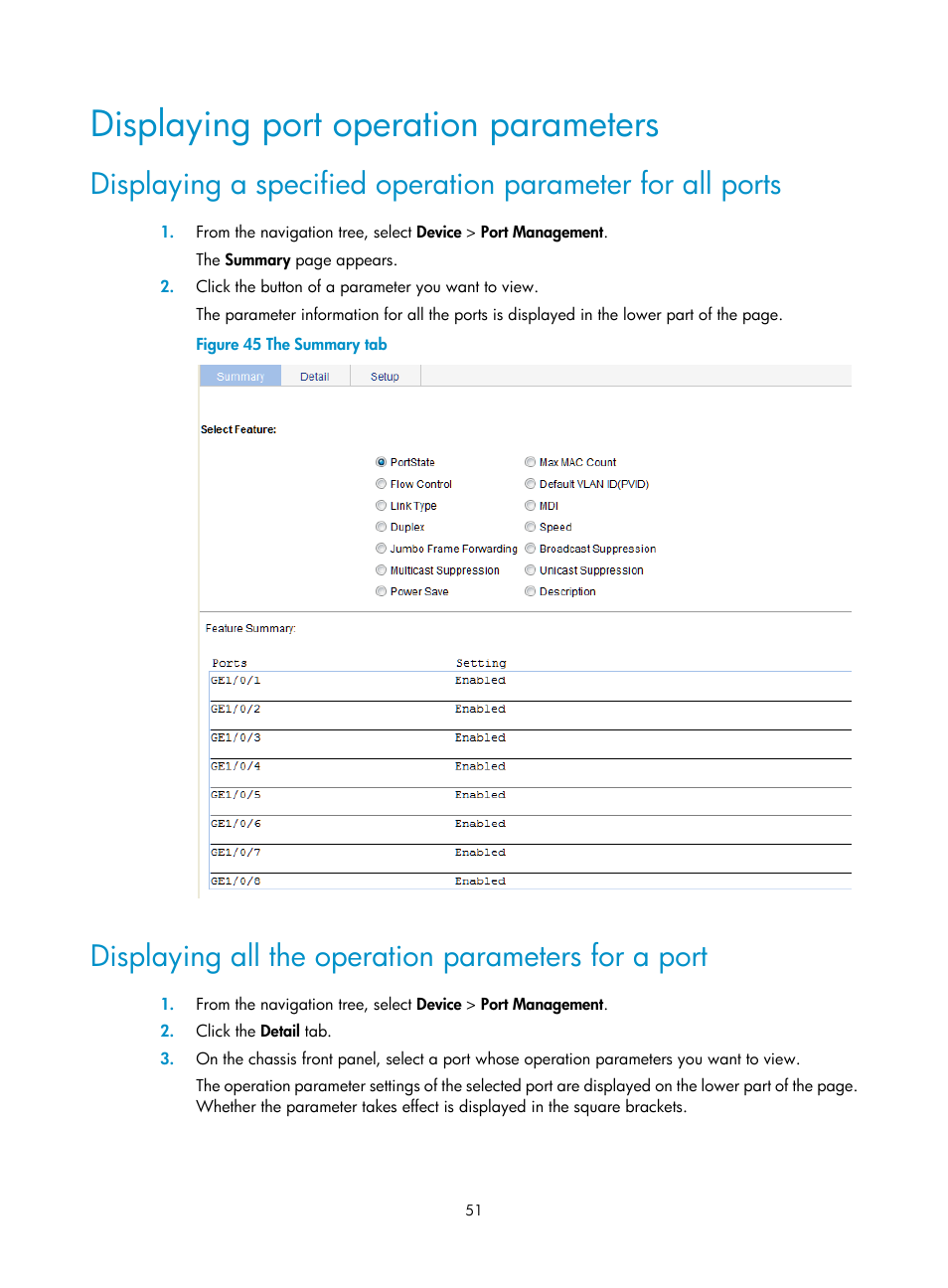 Displaying port operation parameters, Displaying all the operation parameters for a port | H3C Technologies H3C WX5500E Series Access Controllers User Manual | Page 61 / 254