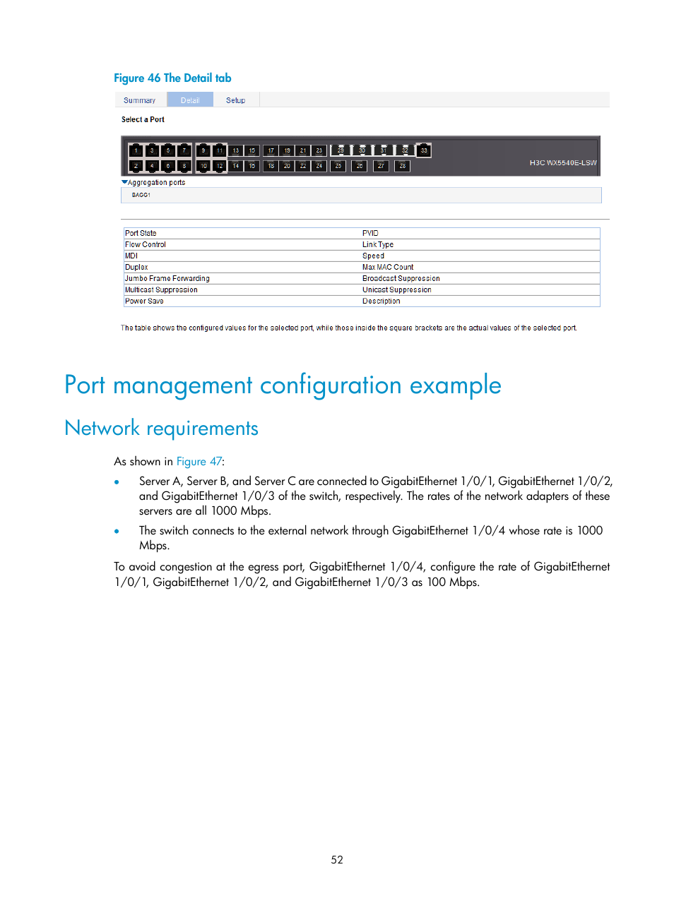 Port management configuration example, Network requirements | H3C Technologies H3C WX5500E Series Access Controllers User Manual | Page 62 / 254