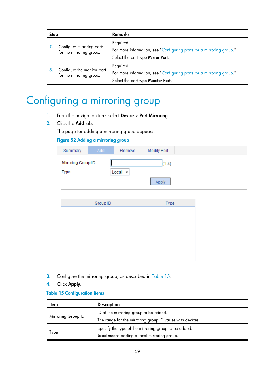 Configuring a mirroring group, Ation, see | H3C Technologies H3C WX5500E Series Access Controllers User Manual | Page 69 / 254