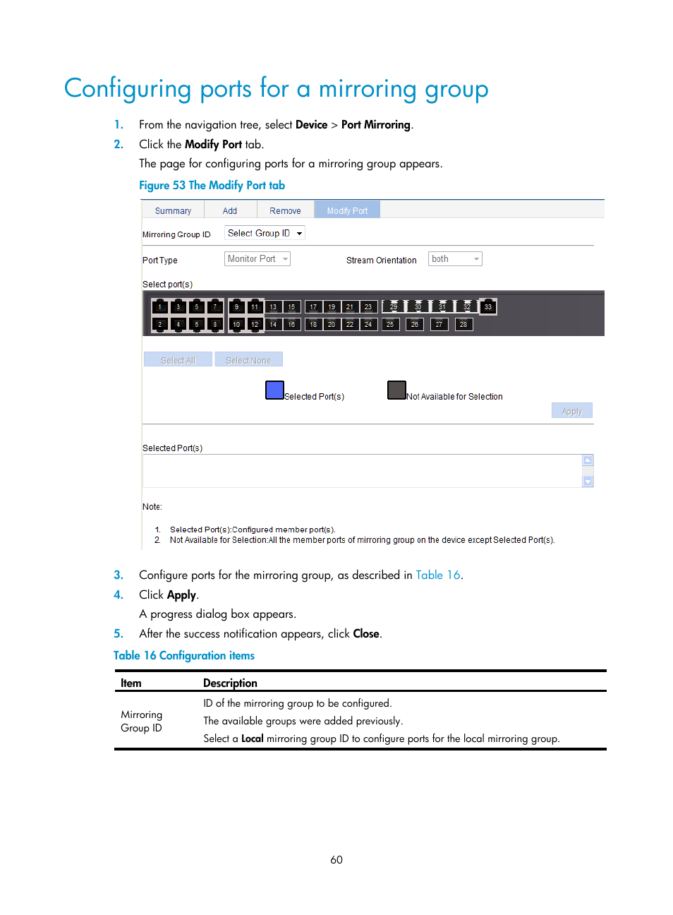 Configuring ports for a mirroring group, Ation, see | H3C Technologies H3C WX5500E Series Access Controllers User Manual | Page 70 / 254