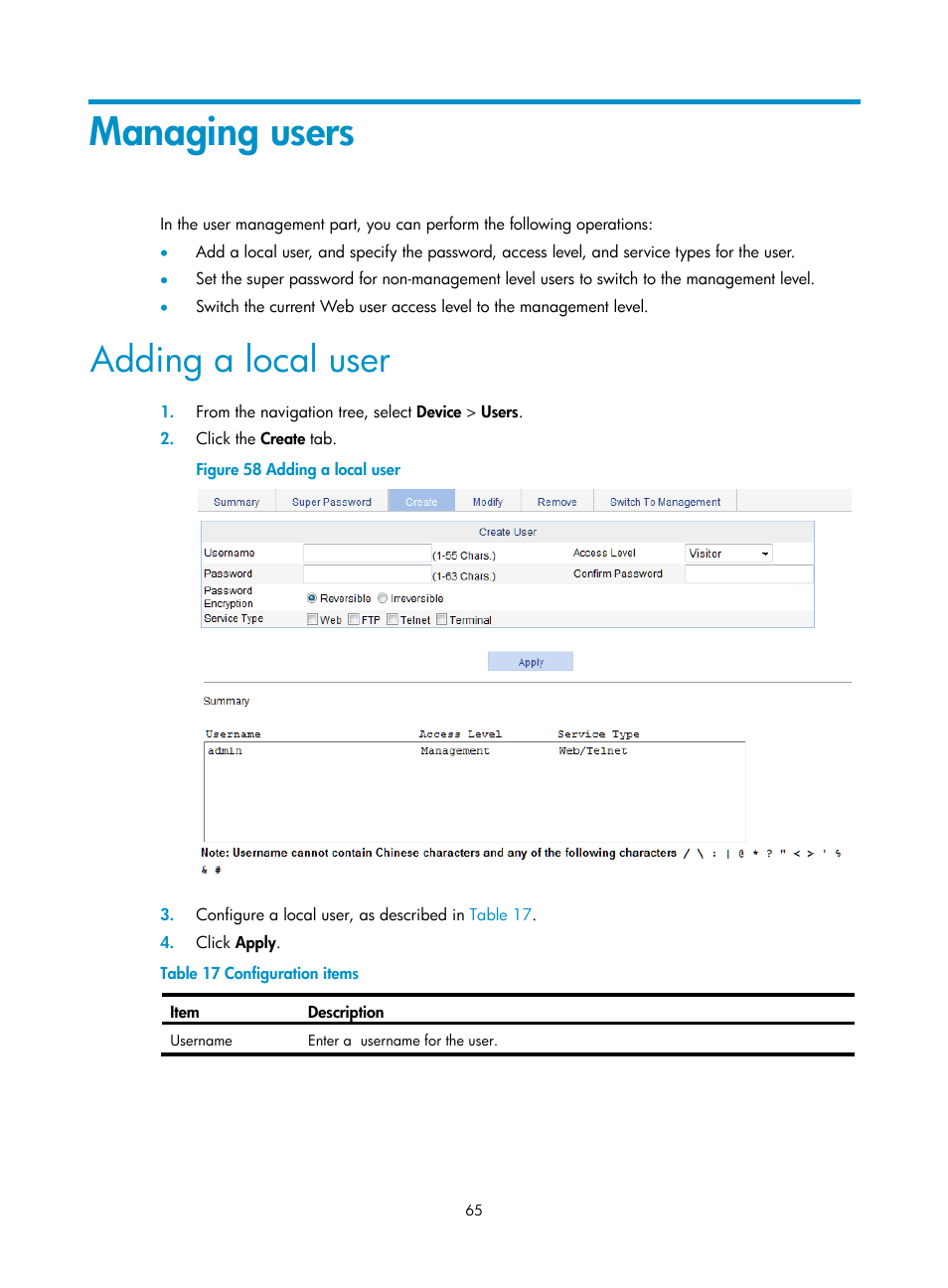 Managing users, Adding a local user | H3C Technologies H3C WX5500E Series Access Controllers User Manual | Page 75 / 254