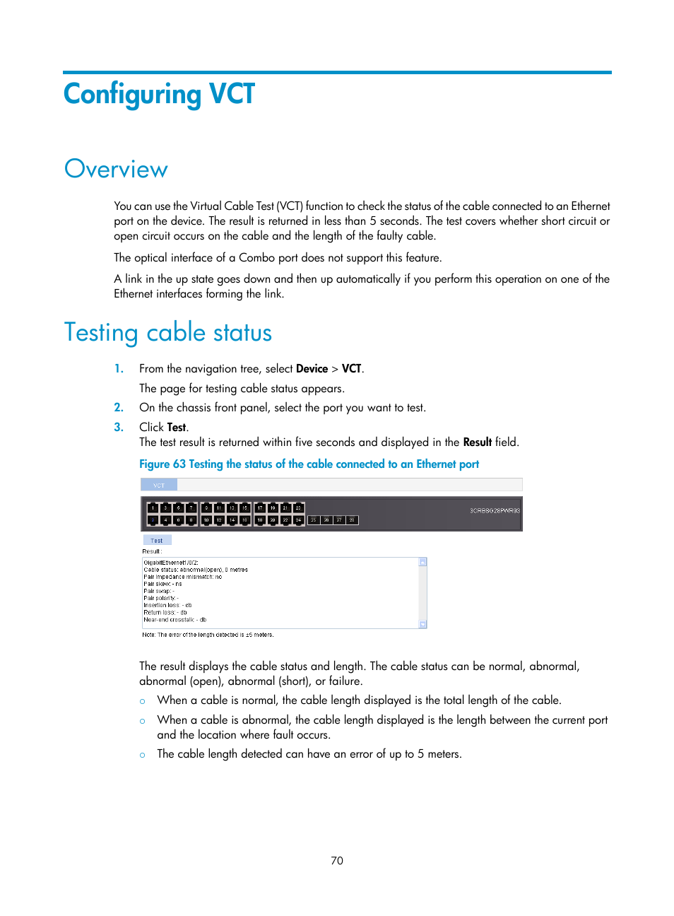 Configuring vct, Overview, Testing cable status | H3C Technologies H3C WX5500E Series Access Controllers User Manual | Page 80 / 254