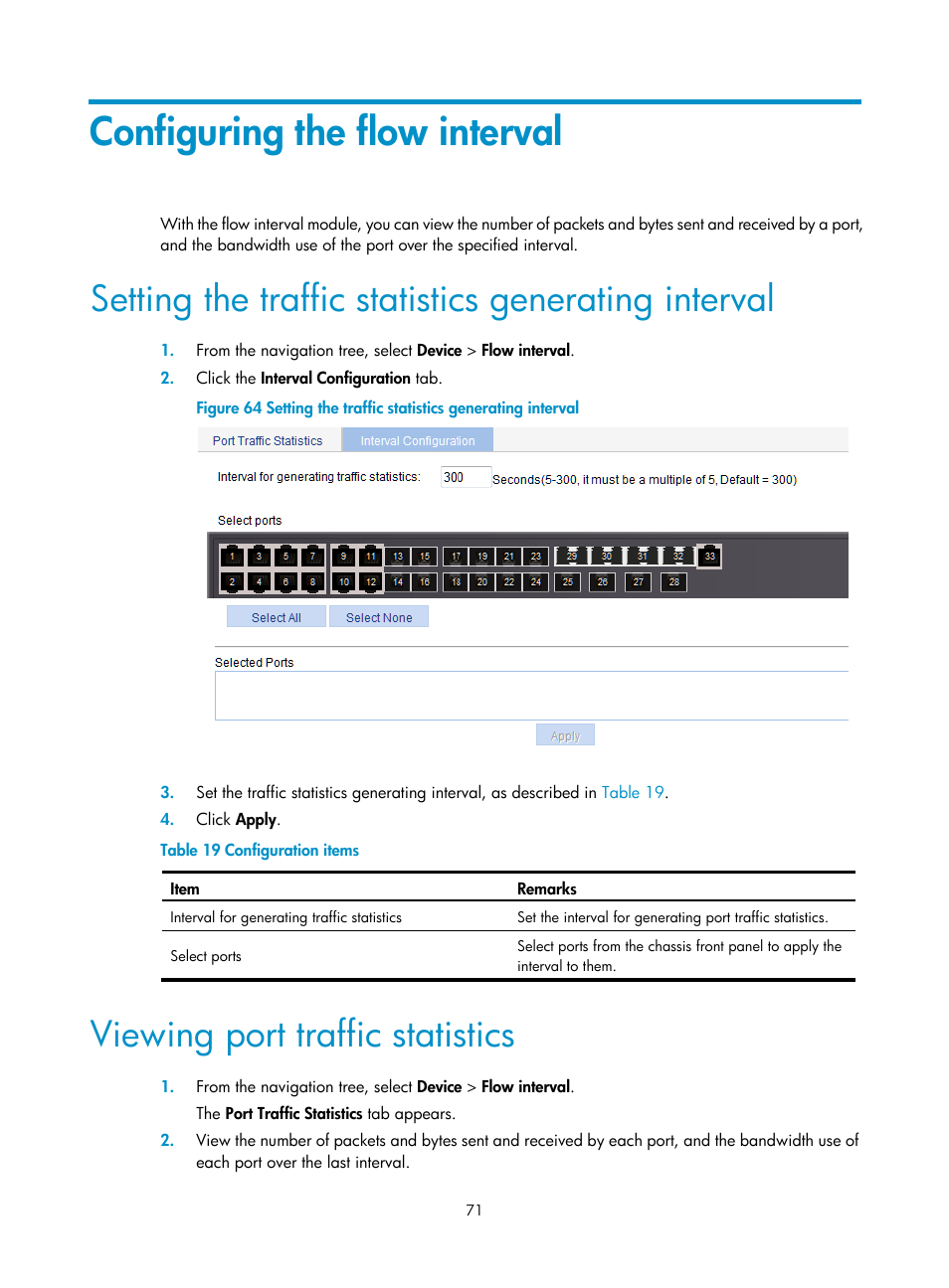 Configuring the flow interval, Setting the traffic statistics generating interval, Viewing port traffic statistics | H3C Technologies H3C WX5500E Series Access Controllers User Manual | Page 81 / 254