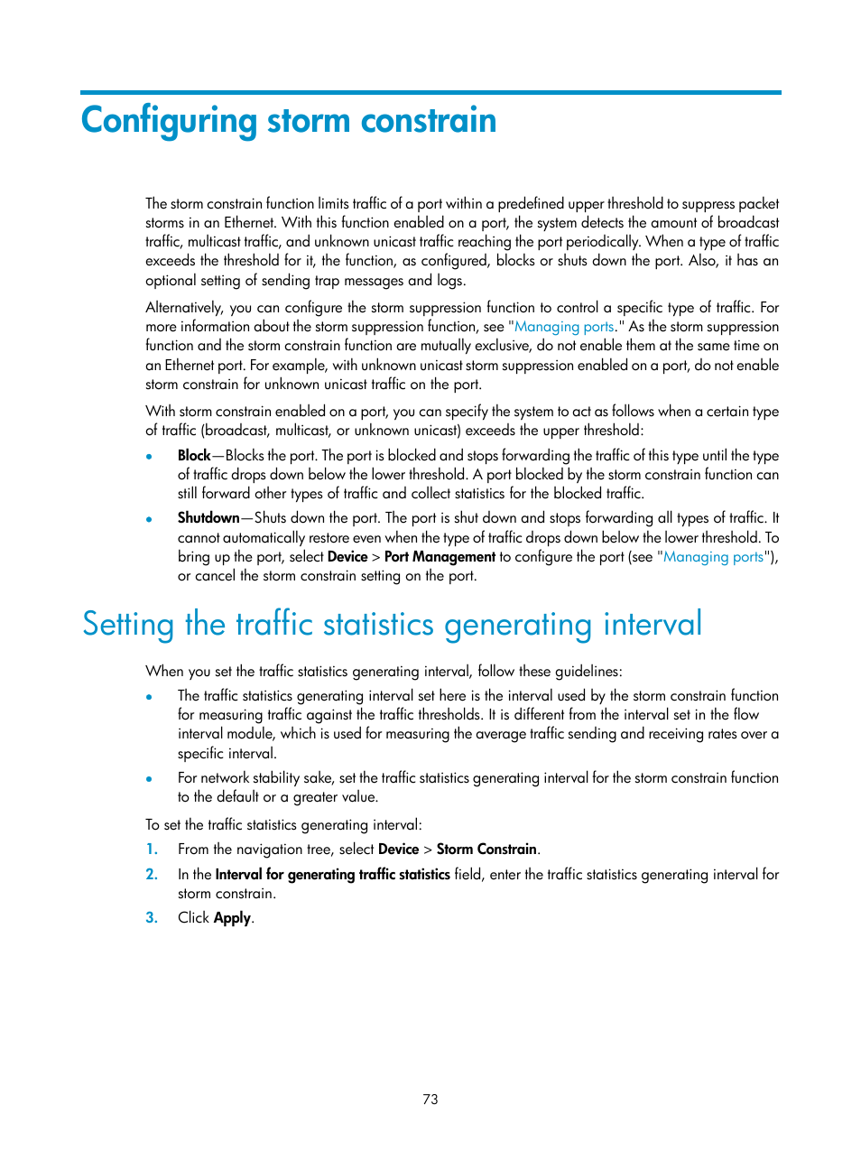 Configuring storm constrain, Setting the traffic statistics generating interval | H3C Technologies H3C WX5500E Series Access Controllers User Manual | Page 83 / 254