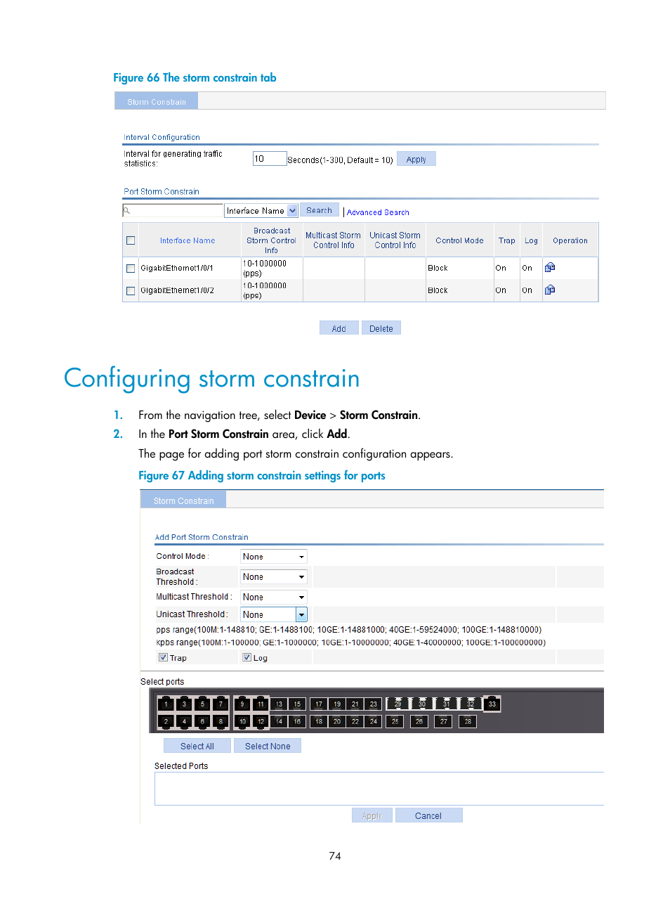 Configuring storm constrain | H3C Technologies H3C WX5500E Series Access Controllers User Manual | Page 84 / 254