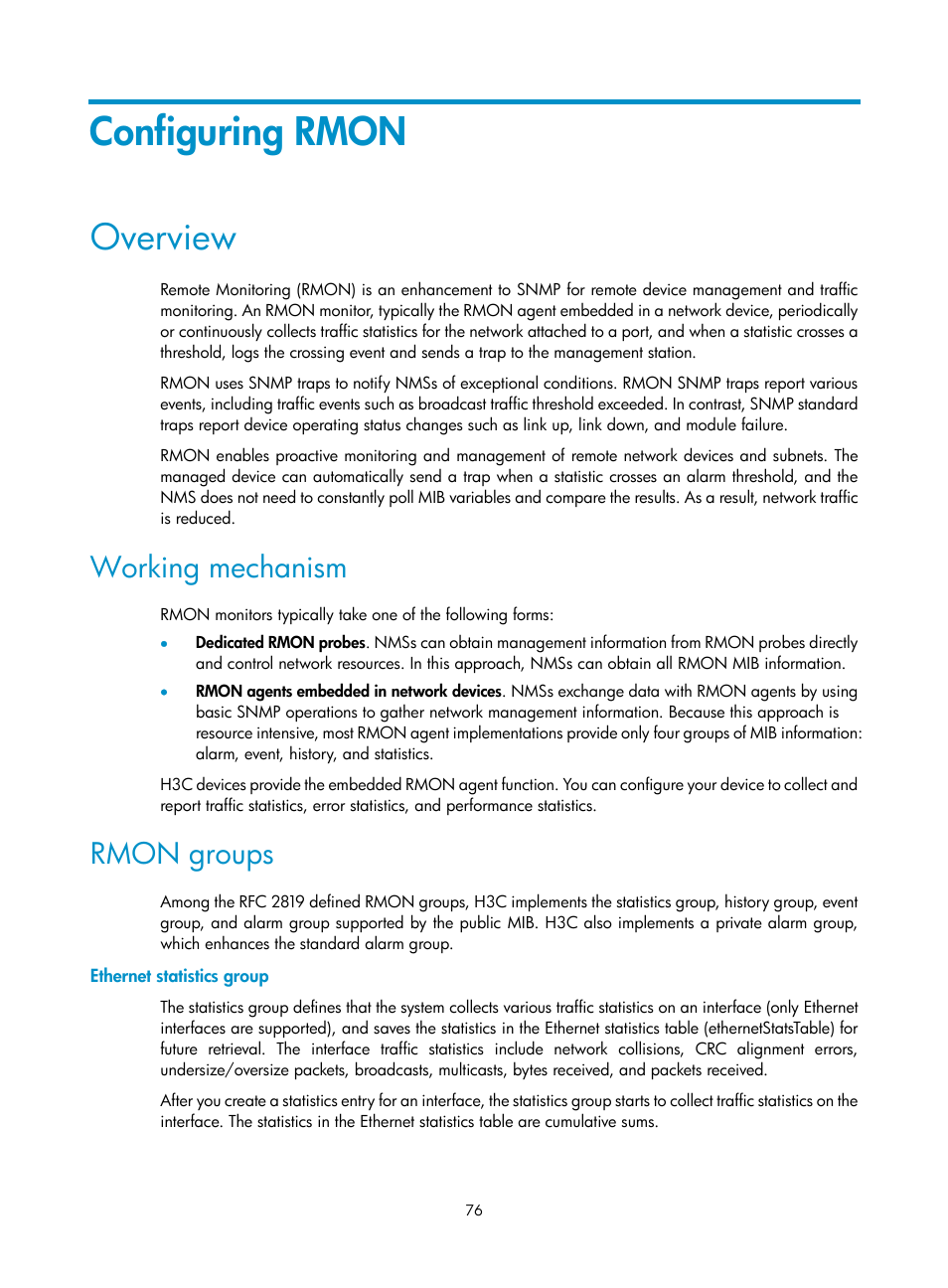 Configuring rmon, Overview, Working mechanism | Rmon groups, Ethernet statistics group | H3C Technologies H3C WX5500E Series Access Controllers User Manual | Page 86 / 254