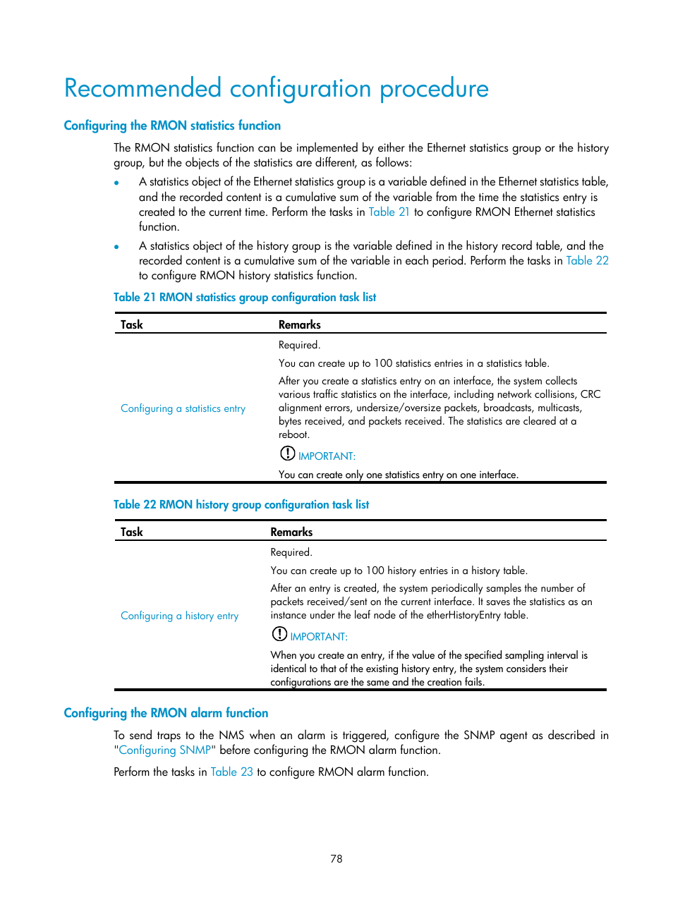 Recommended configuration procedure, Configuring the rmon statistics function, Configuring the rmon alarm function | H3C Technologies H3C WX5500E Series Access Controllers User Manual | Page 88 / 254