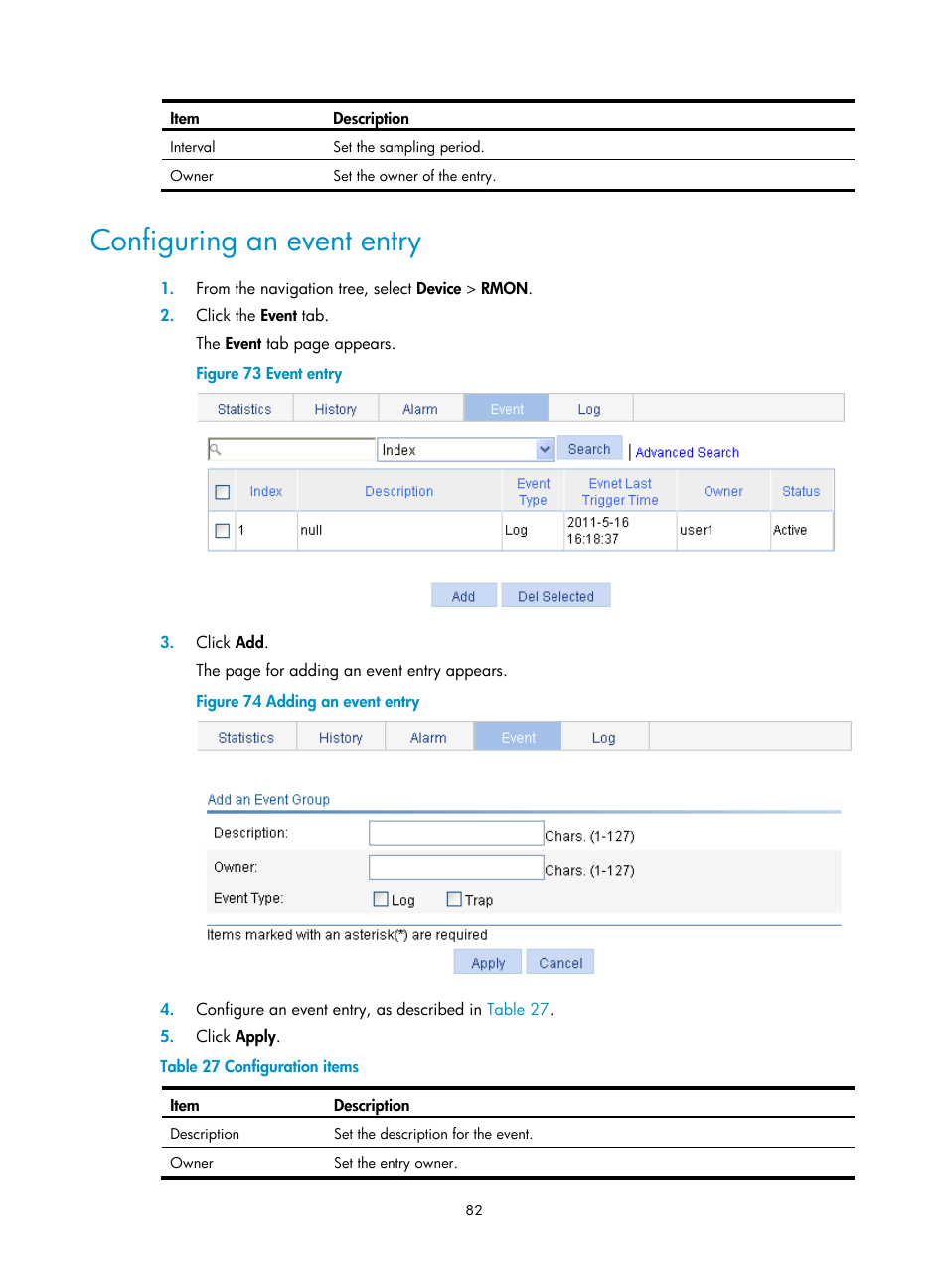 Configuring an event entry | H3C Technologies H3C WX5500E Series Access Controllers User Manual | Page 92 / 254