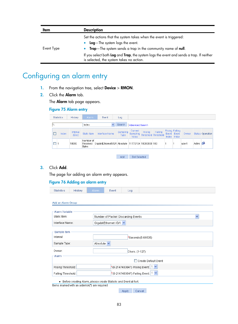 Configuring an alarm entry | H3C Technologies H3C WX5500E Series Access Controllers User Manual | Page 93 / 254