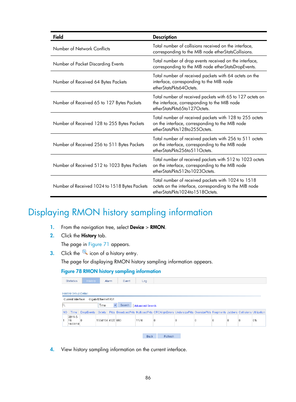 Displaying rmon history sampling information | H3C Technologies H3C WX5500E Series Access Controllers User Manual | Page 96 / 254