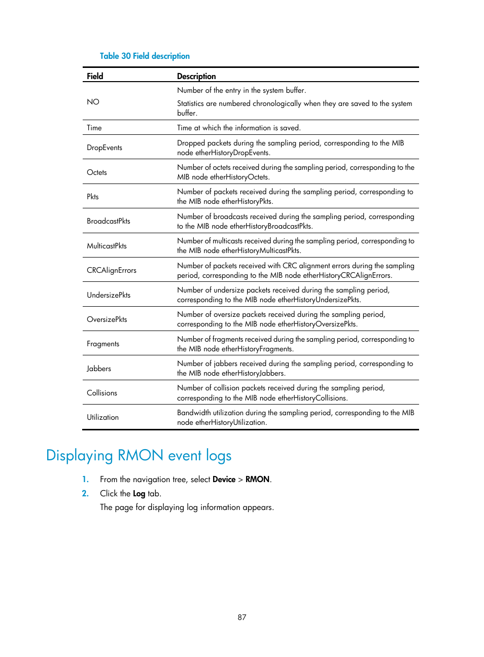 Displaying rmon event logs | H3C Technologies H3C WX5500E Series Access Controllers User Manual | Page 97 / 254